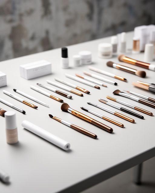 Sauber arrangierte Brow-Werkzeuge, Bürstchen und Farbprodukte auf einer hellen Ablage im Studio